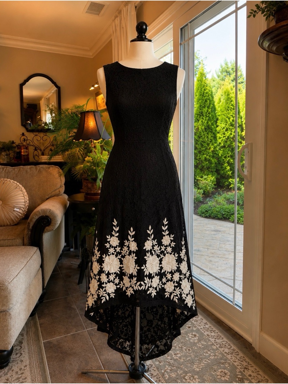 BHLDN Black Lace High-Low Dress with White Floral Embroidery